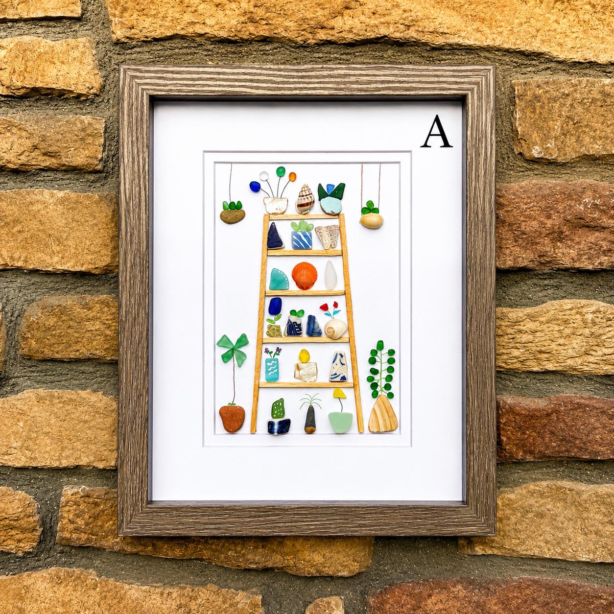 Sea Glass Plant Collage, Framed Beach Pebble Art (8x10)