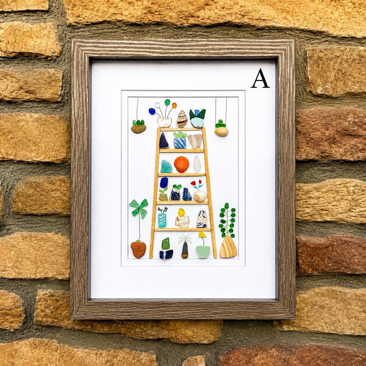 Plants and Flower Collage. 8x10 Framed Beach Collage. Original Handmade Art Made from Sea Glass, Shells + Pebbles. Colorful Wall Decor