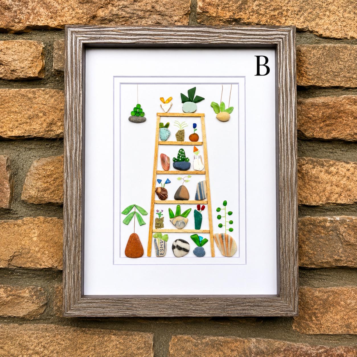 Sea Glass Plant Collage, Framed Beach Pebble Art (8x10)