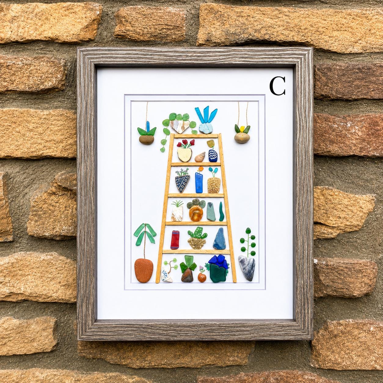 Sea Glass Plant Collage, Framed Beach Pebble Art (8x10)