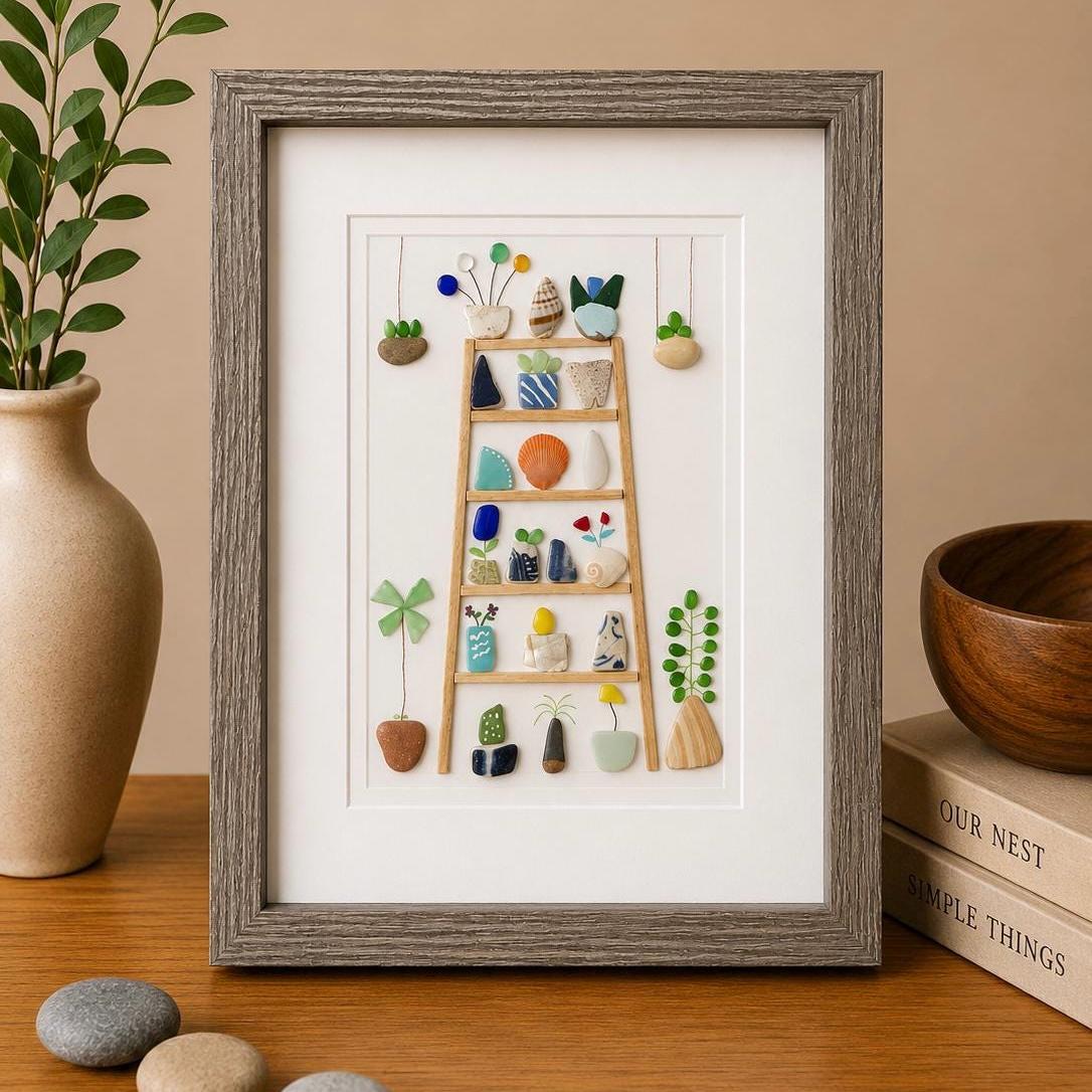 Sea Glass Plant Collage, Framed Beach Pebble Art (8x10)