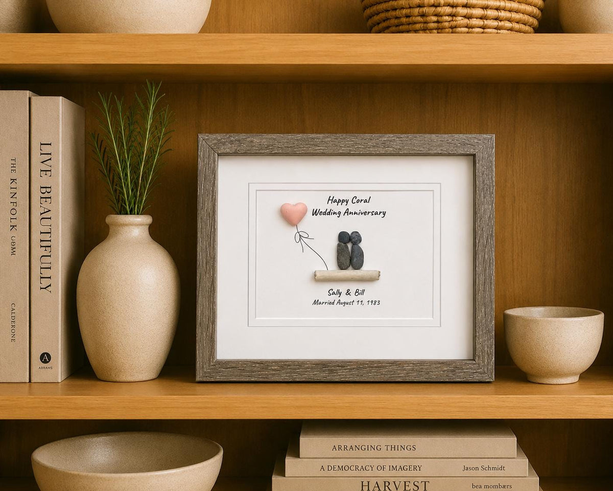 35th Coral Wedding Anniversary Personalized Gift, Custom Framed Anniversary Pebble Art, Anniversary Gift for Wife, Husband, Parents,