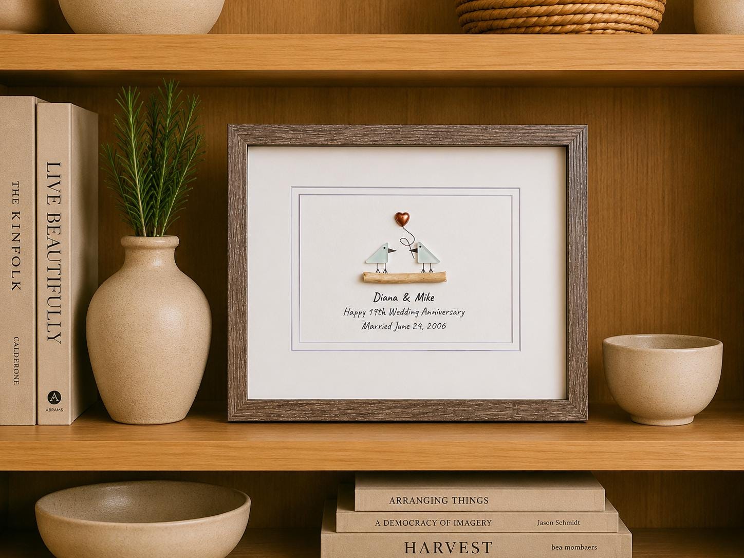 19th Wedding Anniversary Pebble Art | Bronze Anniversary Gift | Sea Glass Love Birds