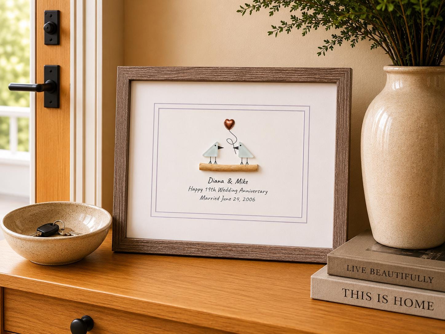 19th Wedding Anniversary Pebble Art | Bronze Anniversary Gift | Sea Glass Love Birds
