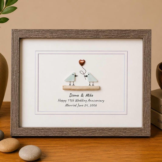 19th Wedding Anniversary Pebble Art | Bronze Anniversary Gift | Sea Glass Love Birds