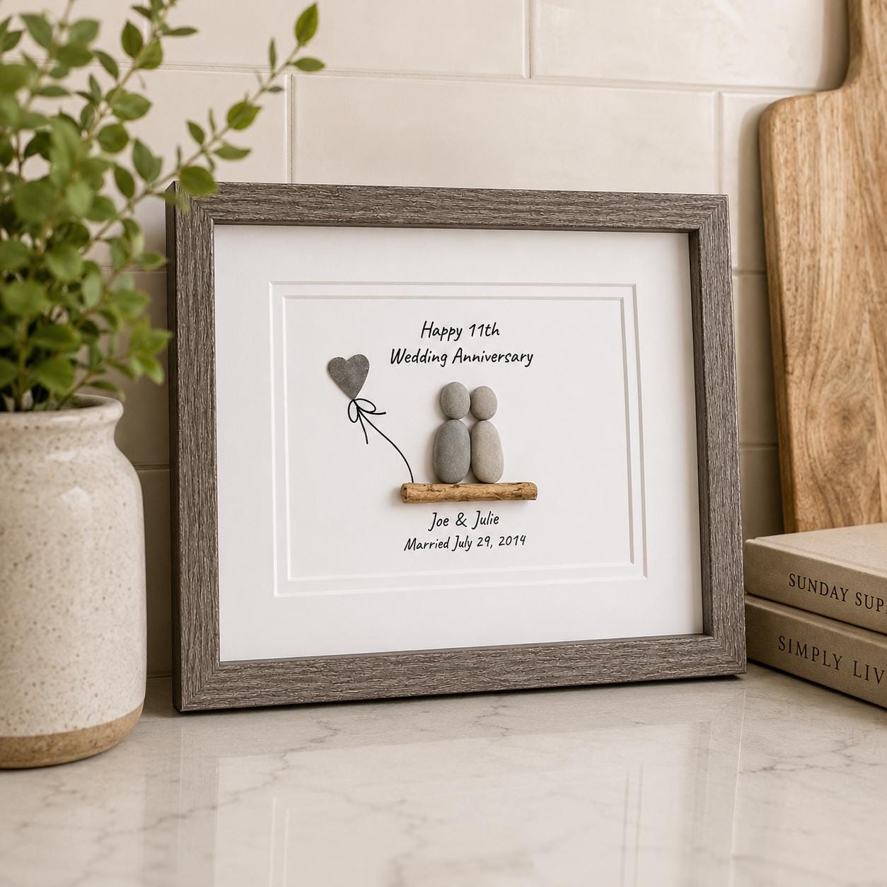 11th Wedding Anniversary 8x10" Framed Pebble Art, Personalized Steel Anniversary Gift from Parents, Wife, Husband, Friends
