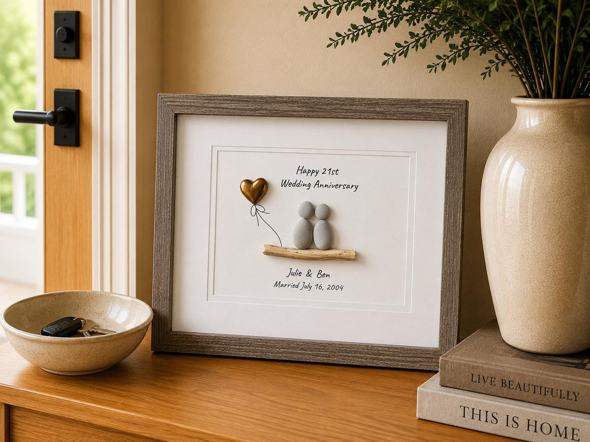 21st Wedding Anniversary 8x10" Framed Pebble Art, Personalized Nickel / Brass Anniversary Gift from Parents, Wife, Husband, Friends