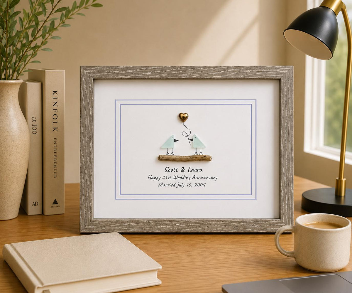 21st Wedding Anniversary 8x10" Framed Sea Glas Art, Personalized Nickel / Brass Anniversary Gift from Parents, Wife, Husband, Friends
