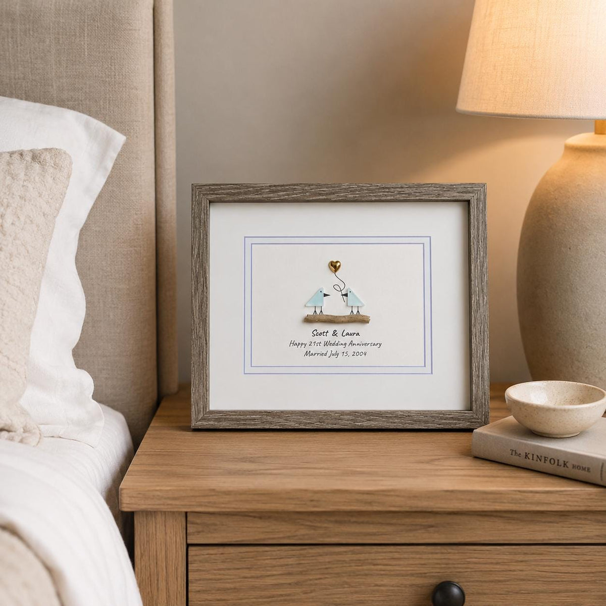 21st Wedding Anniversary 8x10" Framed Sea Glas Art, Personalized Nickel / Brass Anniversary Gift from Parents, Wife, Husband, Friends