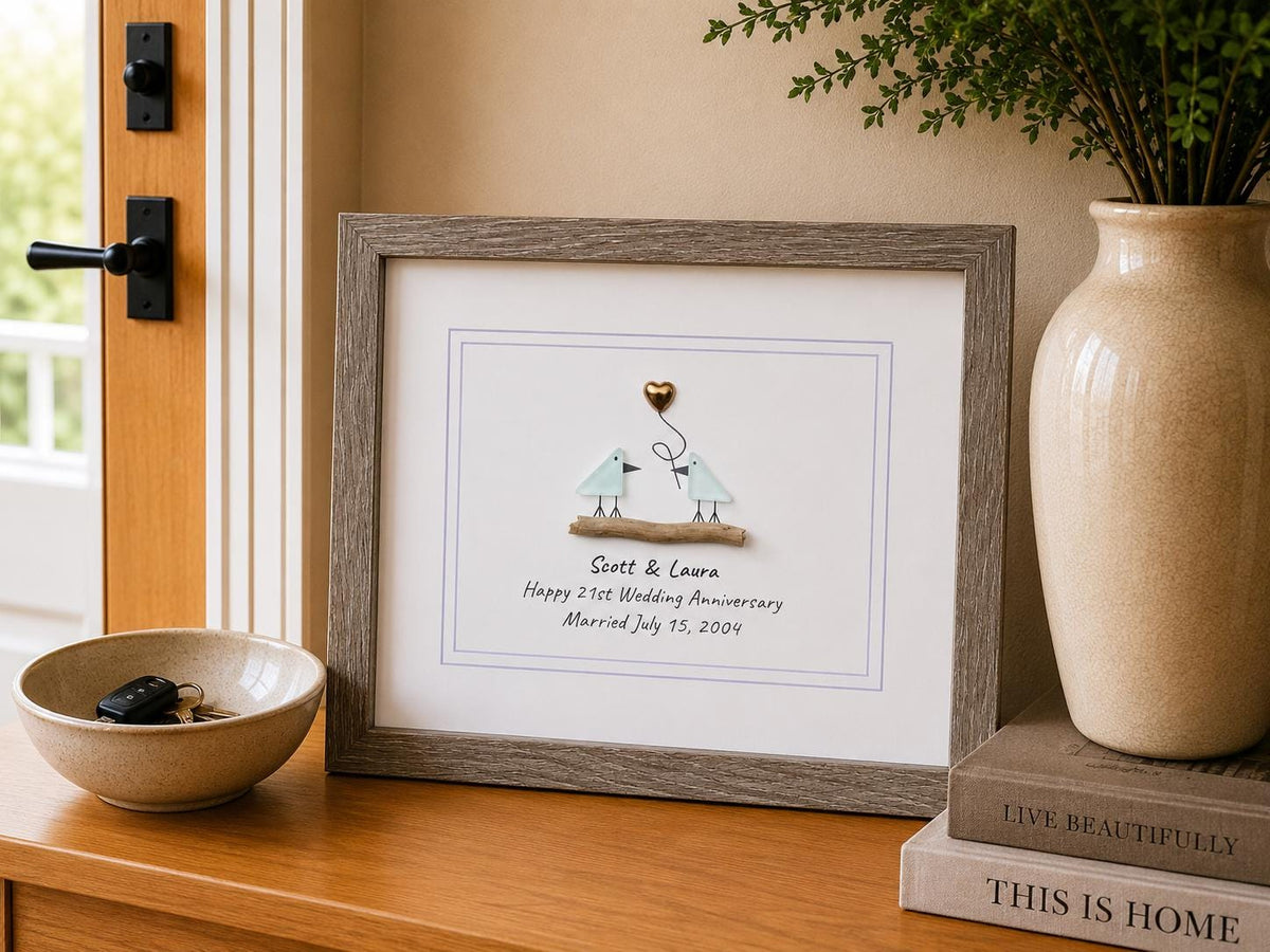 21st Wedding Anniversary 8x10" Framed Sea Glas Art, Personalized Nickel / Brass Anniversary Gift from Parents, Wife, Husband, Friends