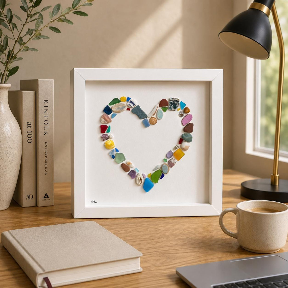 Colorful Heart Beach Collage Made of Scottish Sea Glass, Shells, Sea Pottery and Pebbles, 9x9 Framed Handmade Original Wall Decor