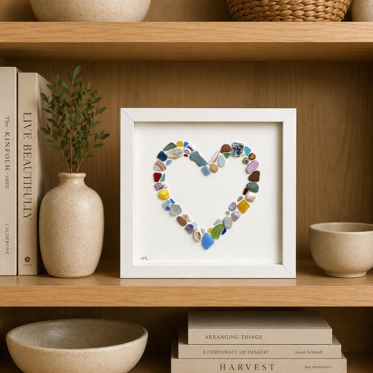 Colorful Heart Beach Collage Made of Scottish Sea Glass, Shells, Sea Pottery and Pebbles, 9x9 Framed Handmade Original Wall Decor