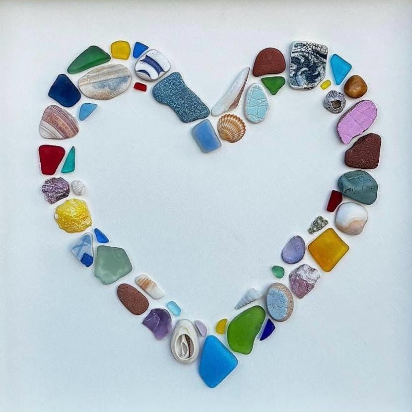 Colorful Heart Beach Collage Made of Scottish Sea Glass, Shells, Sea Pottery and Pebbles, 9x9 Framed Handmade Original Wall Decor