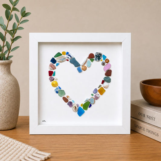 Colorful Heart Beach Collage Made of Scottish Sea Glass, Shells, Sea Pottery and Pebbles, 9x9 Framed Handmade Original Wall Decor