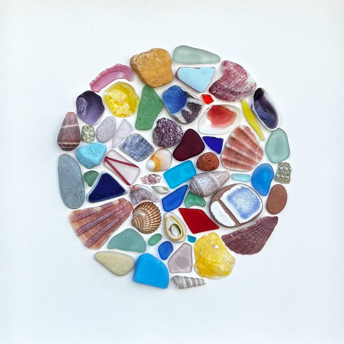 Colorful Sea Glass Circle Collage | 9x9 Framed Beach Art with Shells & Pottery | Handmade Coastal Wall Decor