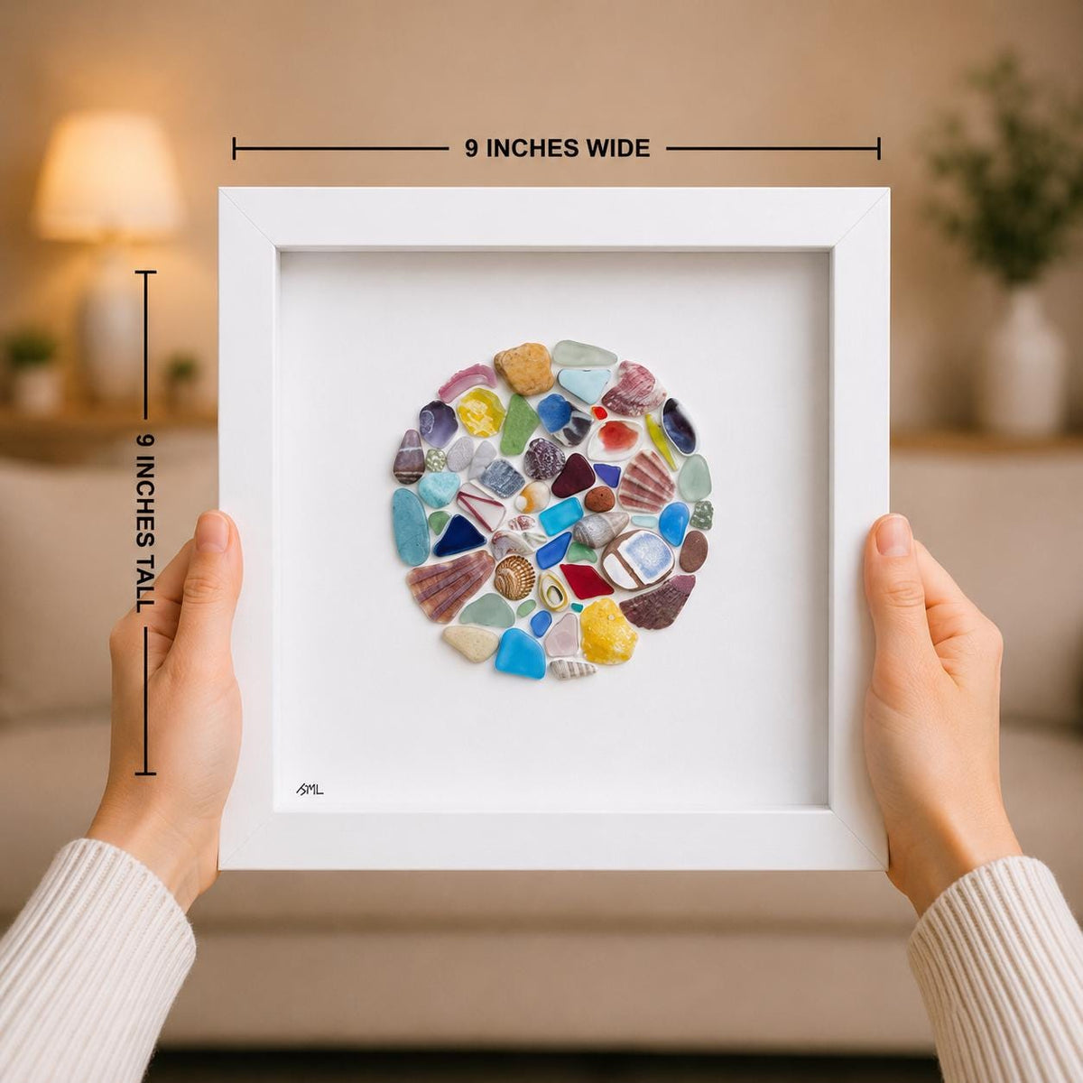Colorful Sea Glass Circle Collage | 9x9 Framed Beach Art with Shells & Pottery | Handmade Coastal Wall Decor