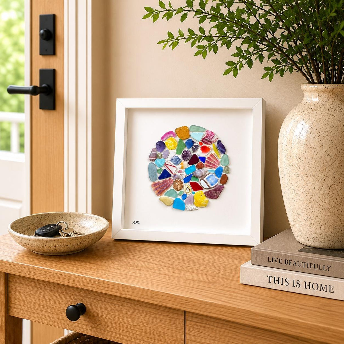 Colorful Sea Glass Circle Collage | 9x9 Framed Beach Art with Shells & Pottery | Handmade Coastal Wall Decor
