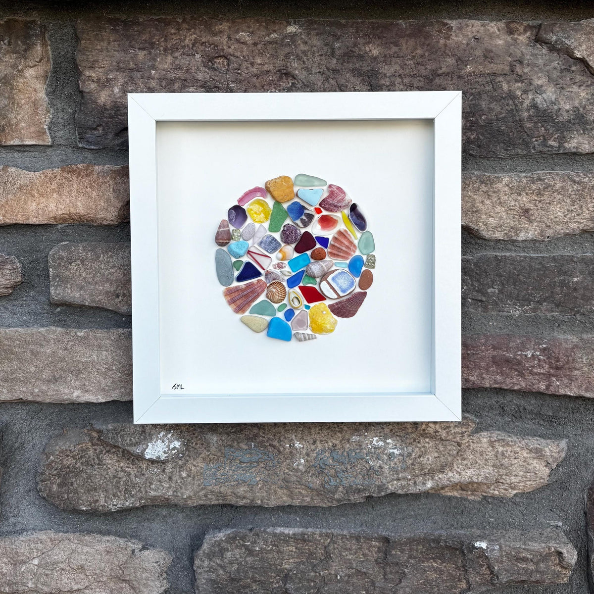 Colorful Sea Glass Circle Collage | 9x9 Framed Beach Art with Shells & Pottery | Handmade Coastal Wall Decor