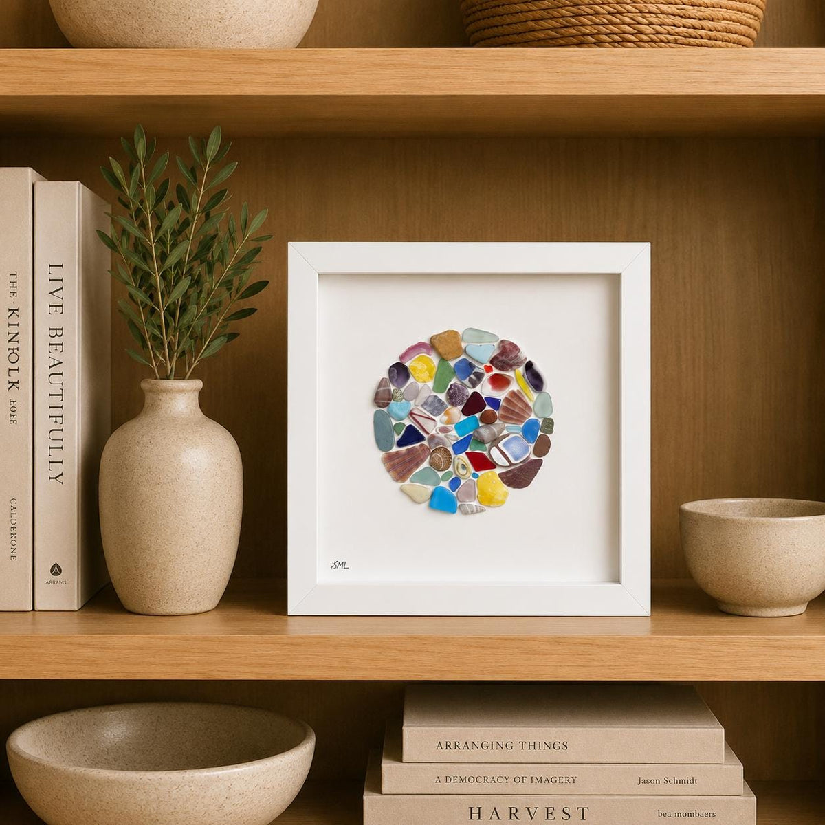 Colorful Sea Glass Circle Collage | 9x9 Framed Beach Art with Shells & Pottery | Handmade Coastal Wall Decor
