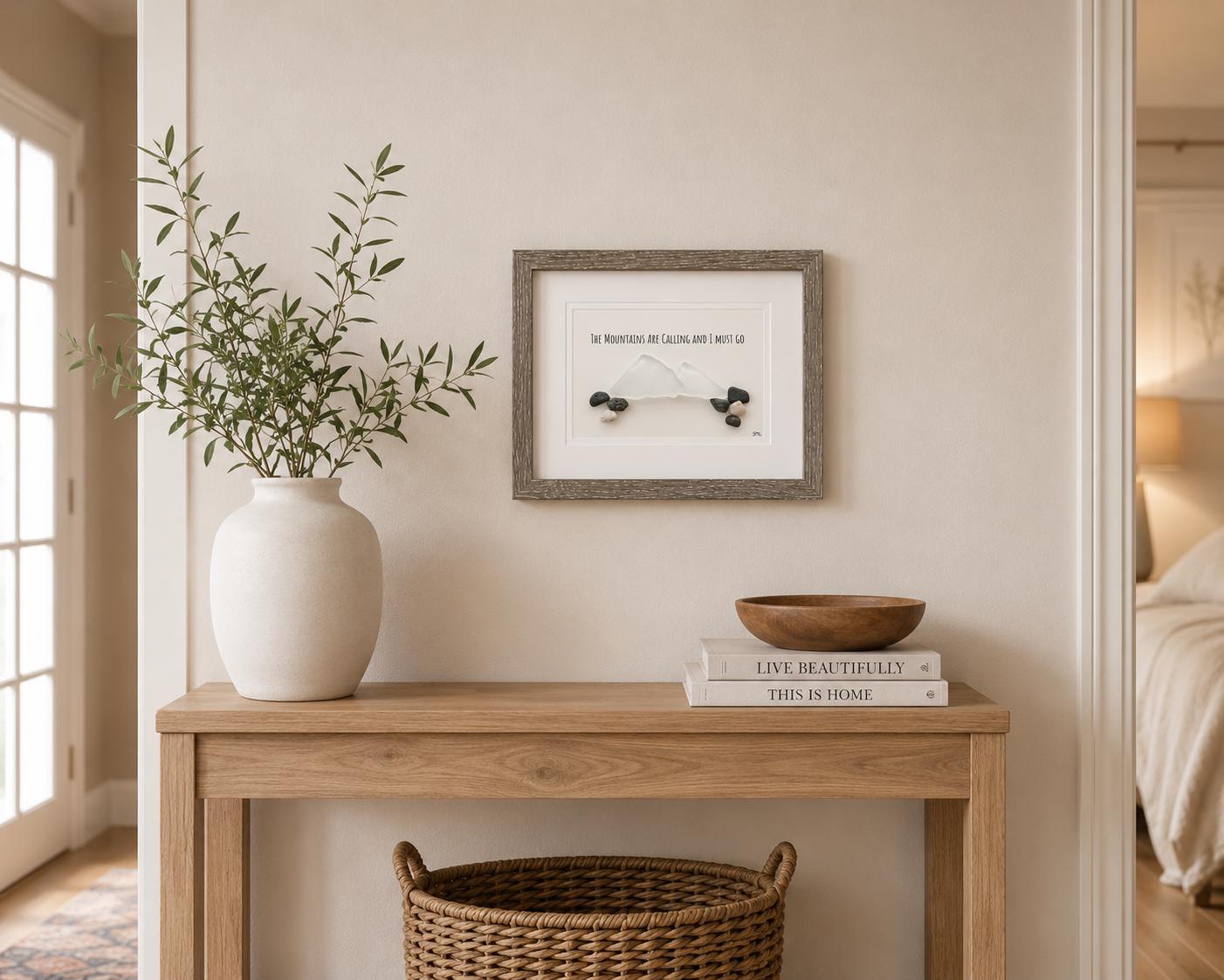The Mountains Are Calling Sea Glass and Pebble Art, 8x10 Framed Original Artwork