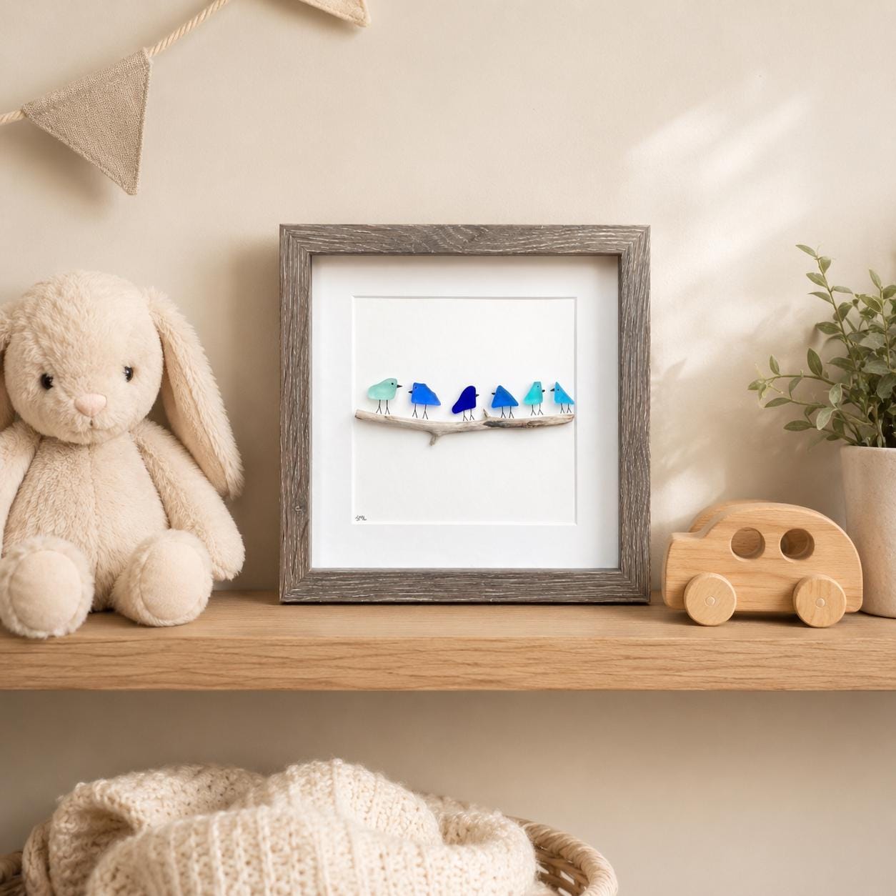 Blue Sea Glass Birds on Drift Wood