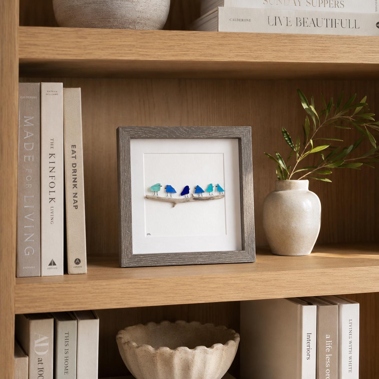 Blue Sea Glass Birds on Drift Wood