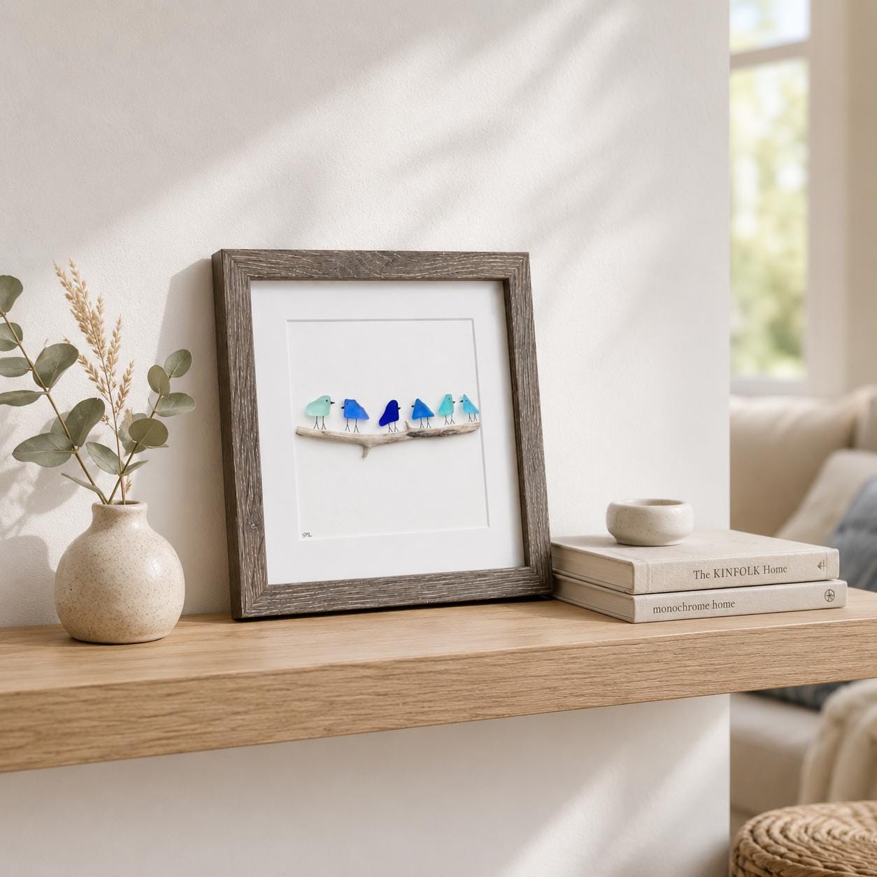 Blue Sea Glass Birds on Drift Wood
