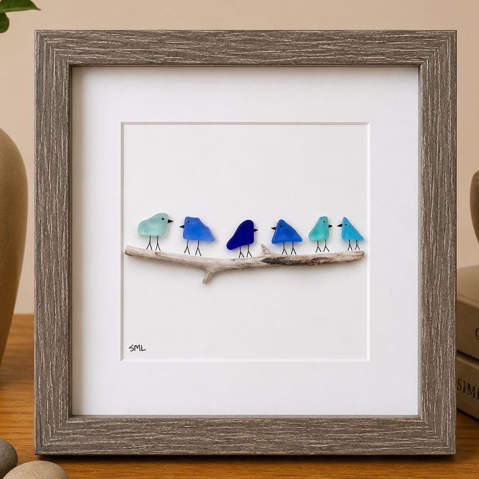 Bluebirds on a Branch | Delicate Shades of Blue | Friendship Birds | Minimalist Beach Decor | Gift for Beach Lovers | 8x8 Sea Glass Art