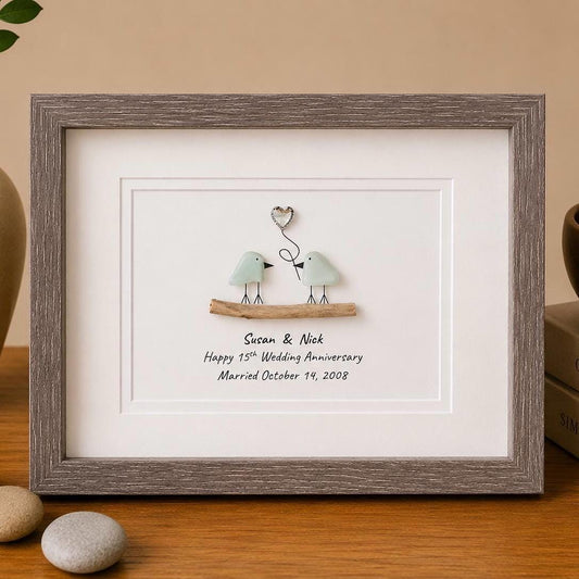 15th Wedding Anniversary Personalized Gift, Fifteenth Crystal Anniversary Sea Glass Art, Framed Gift for Wife, Husband, Parents, Friends