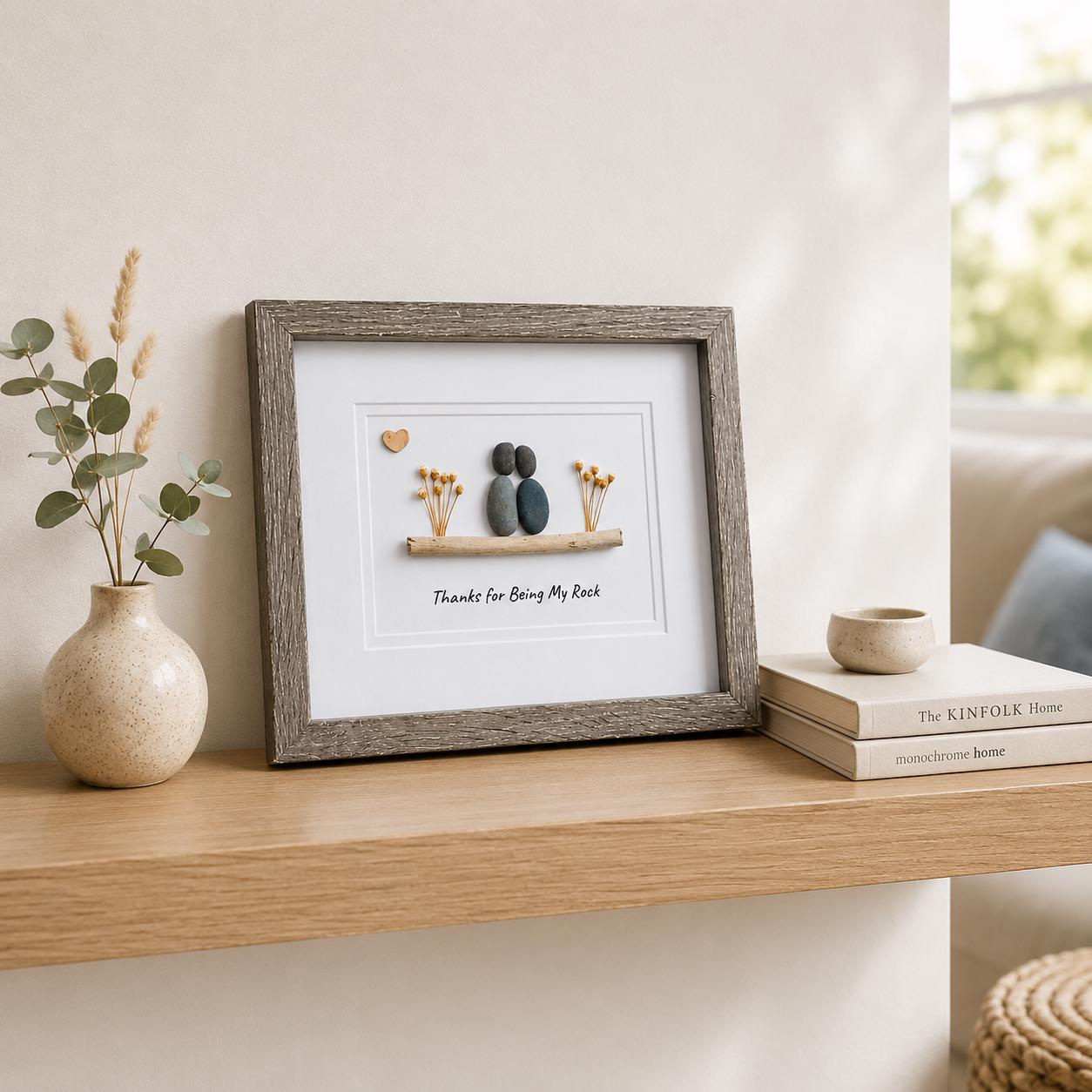 Handmade Pebble Art, Couple on Branch, Framed Friendship Gift