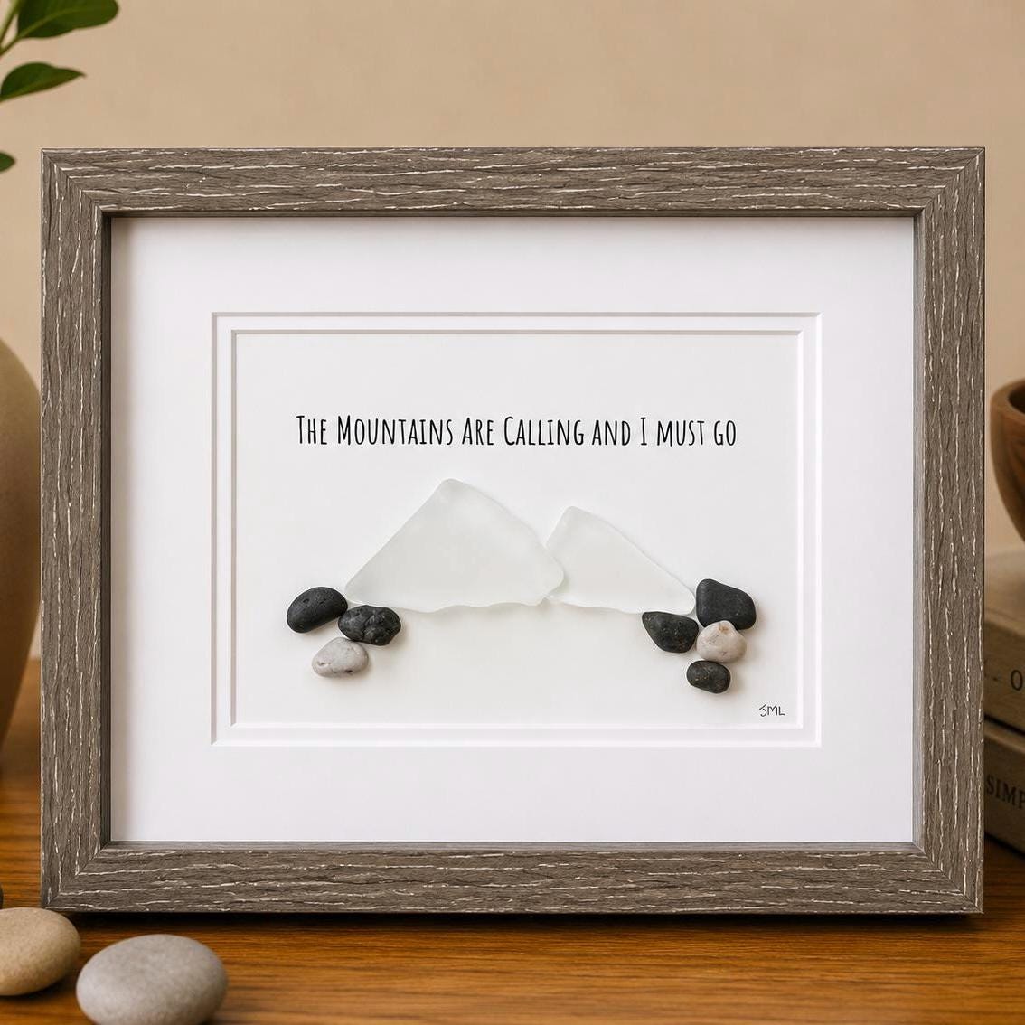 The Mountains Are Calling Sea Glass and Pebble Art, 8x10 Framed Original Artwork