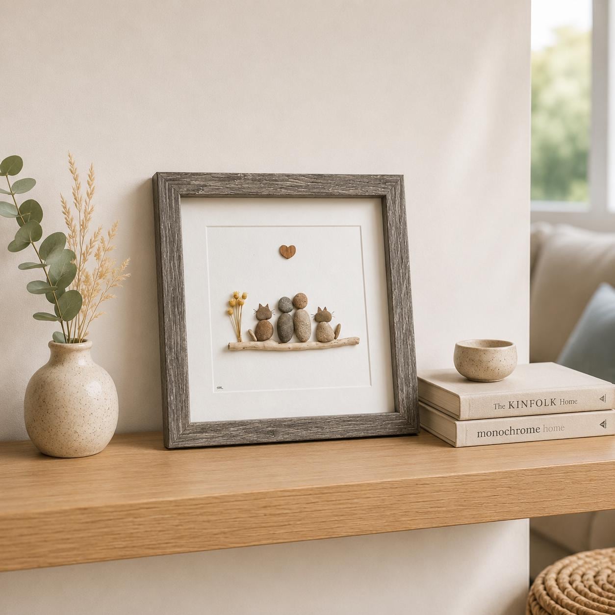 Pebble Art Family Portrait with Cats, Personalized Cat Lover Gift