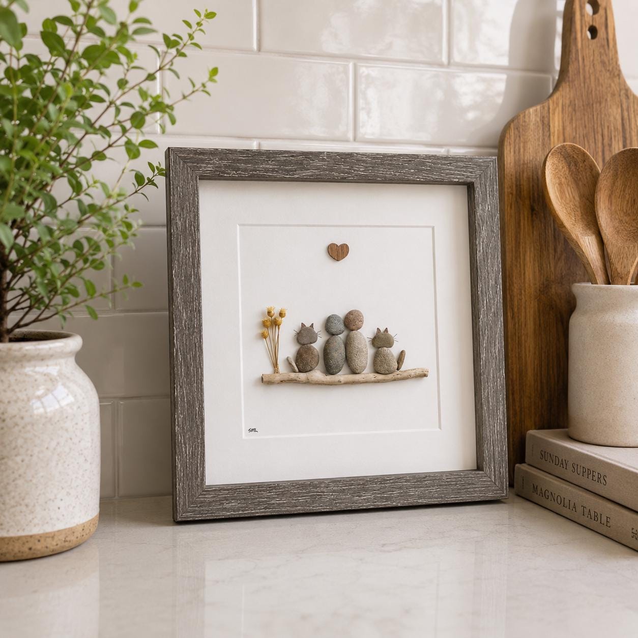 Pebble Art Family Portrait with Cats, Personalized Cat Lover Gift