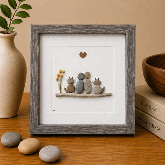 Couple with Two Cats Pebble Art, 9x9 Framed Picture, Personalized Pet Artwork, Perfect Gift for Cat Owners