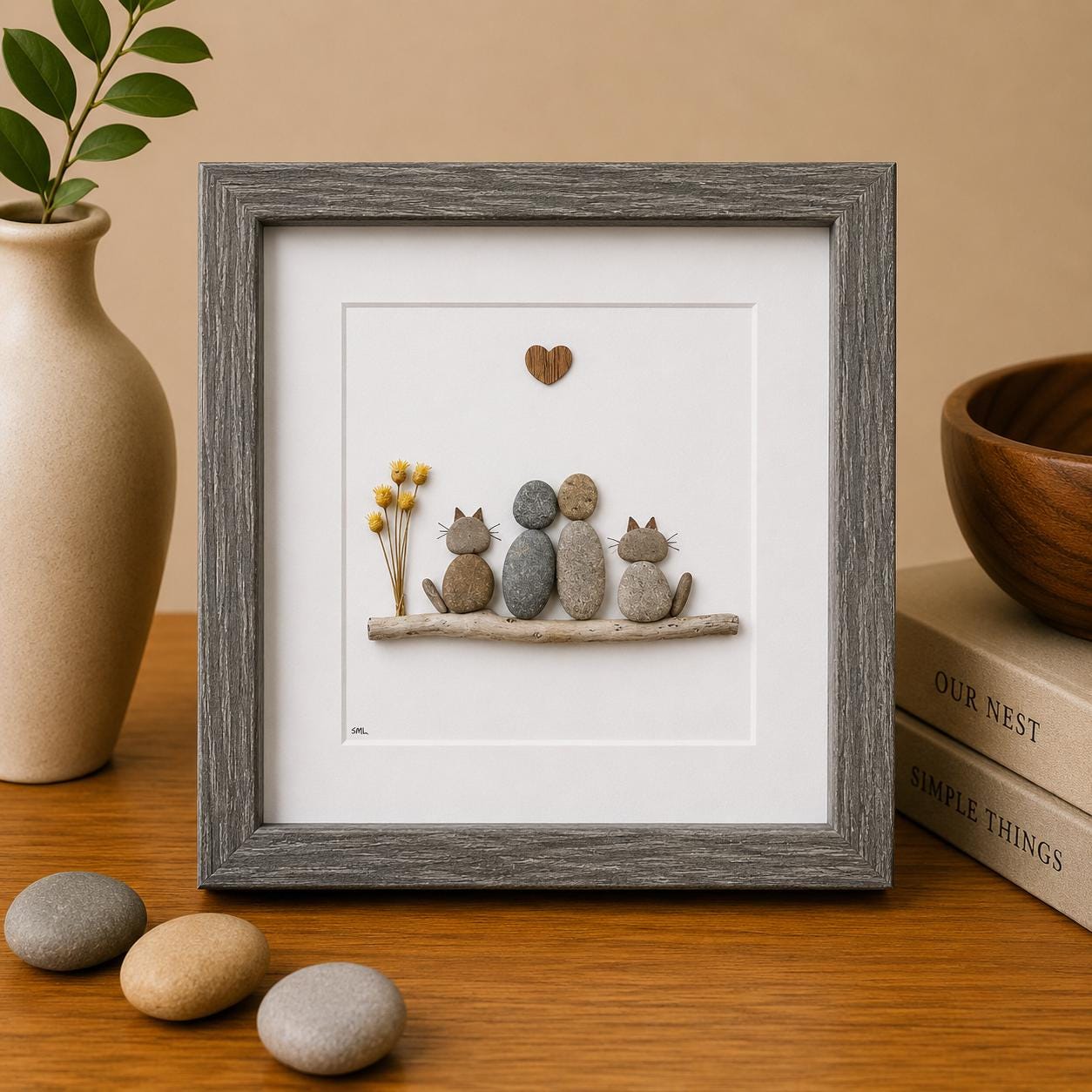 Pebble Art Family Portrait with Cats, Personalized Cat Lover Gift