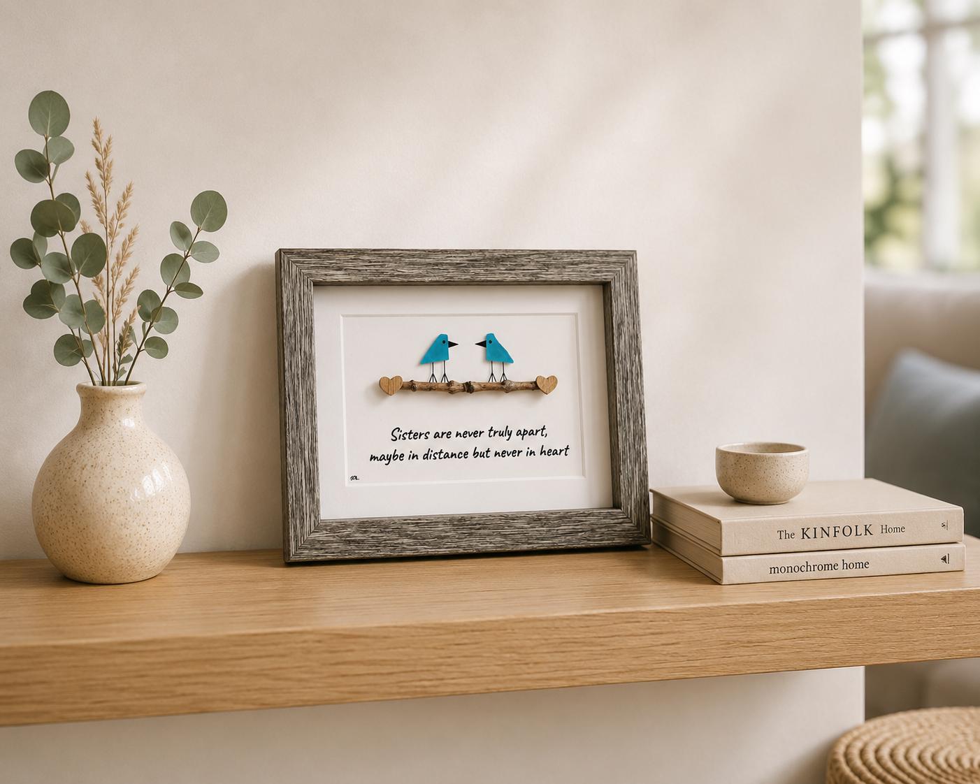 Sea Glass Bird Art, Sisters Gift, Framed Coastal Decor