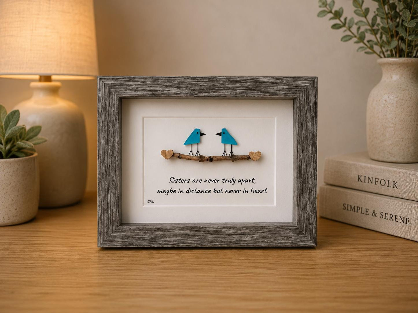 Sea Glass Bird Art, Sisters Gift, Framed Coastal Decor