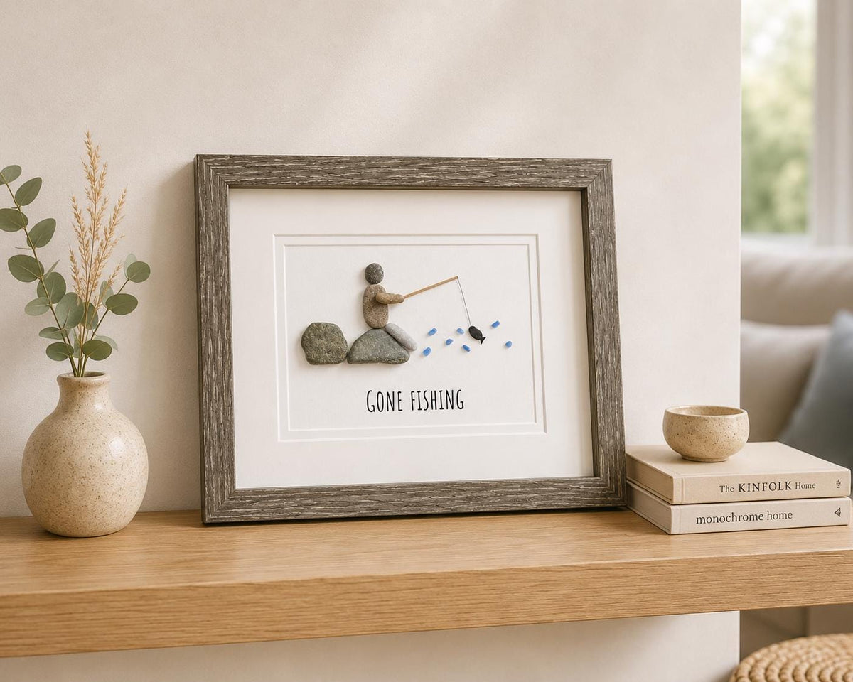 Gone Fishing Pebble and Sea Glass Art, 9 x 9” Personalized Fishing Gift