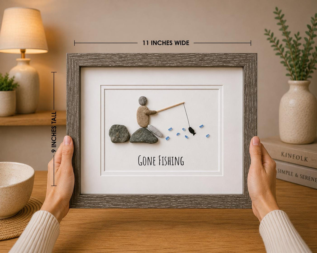 Gone Fishing Pebble and Sea Glass Art, 9 x 9” Personalized Fishing Gift