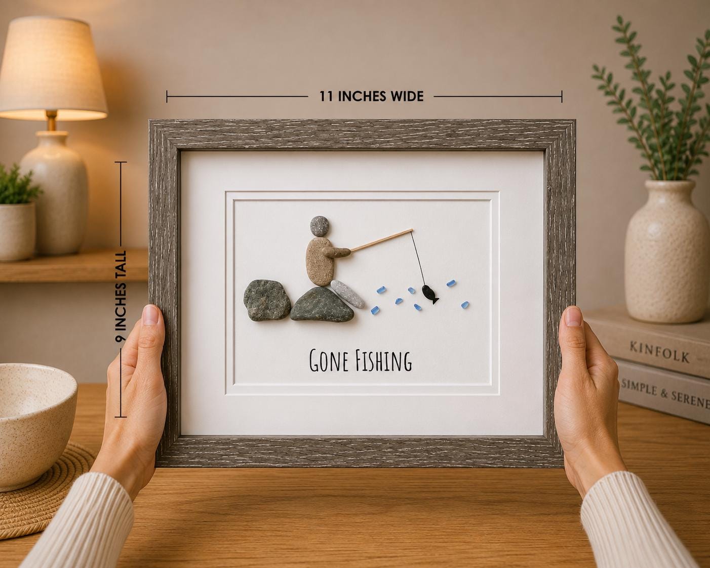 Gone Fishing Pebble and Sea Glass Art, 9 x 9” Personalized Fishing Gift