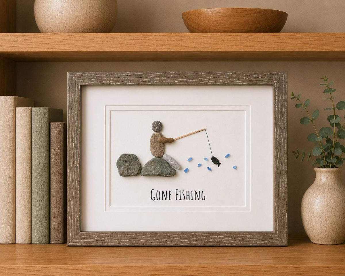 Gone Fishing Pebble and Sea Glass Art, 9 x 9” Personalized Fishing Gift