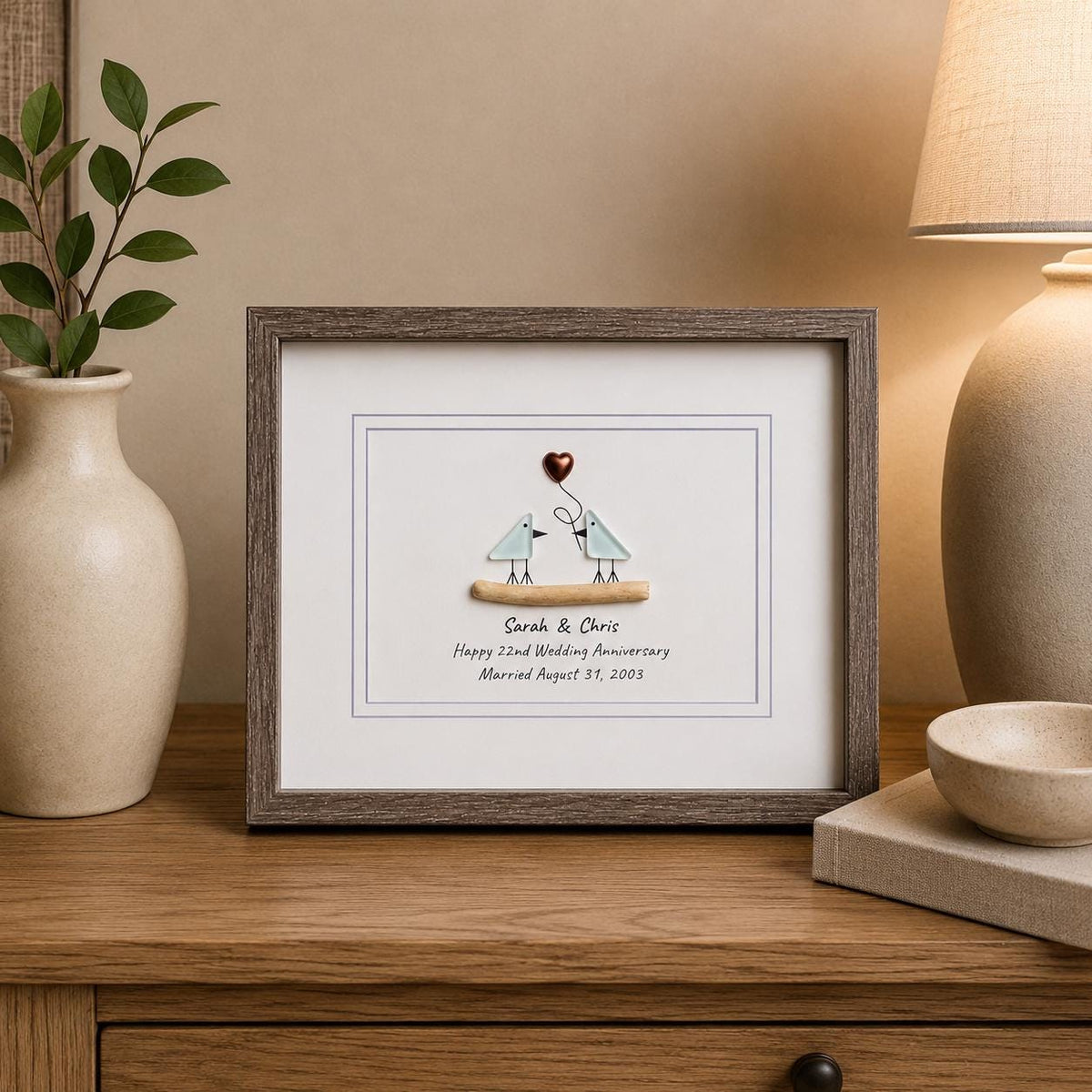22nd Wedding Anniversary Gift | Personalized Copper Anniversary Sea Glass Art