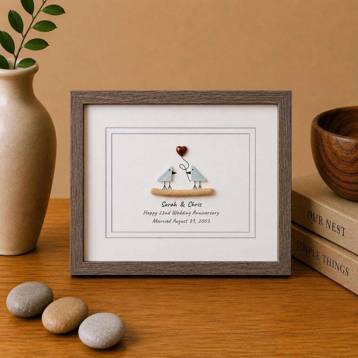 22nd Wedding Anniversary Gift | Personalized Copper Anniversary Sea Glass Art