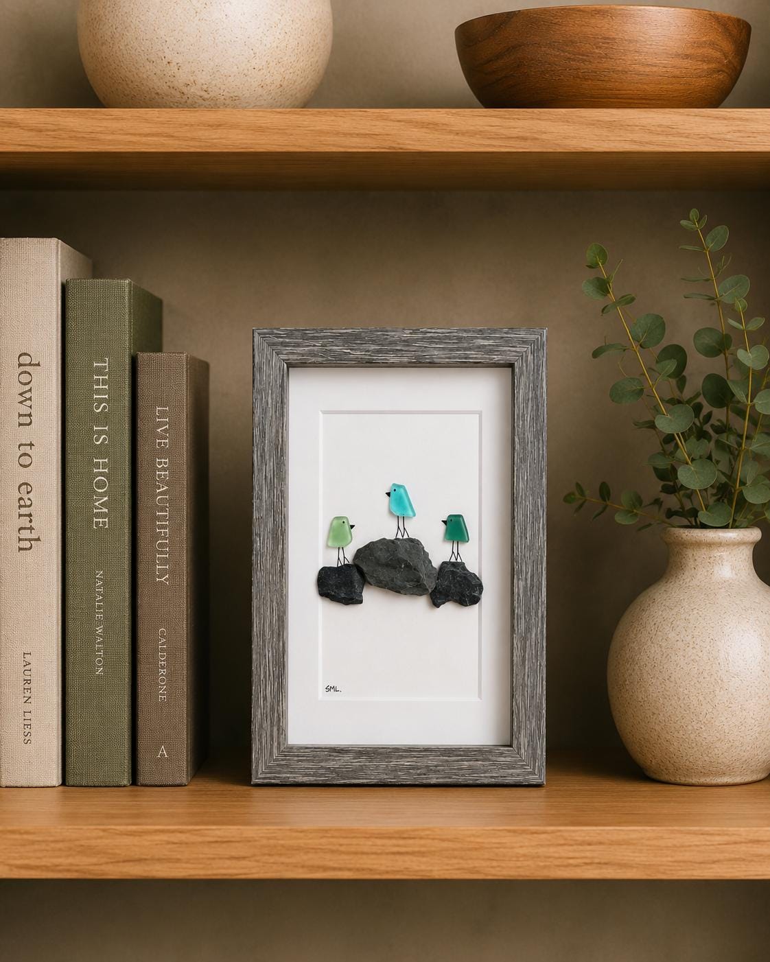 3 Sea Glass Birds on Rock Piles, 6x8” Framed Original Handmade Pebble Beach Art, Minimalist Coastal Decor
