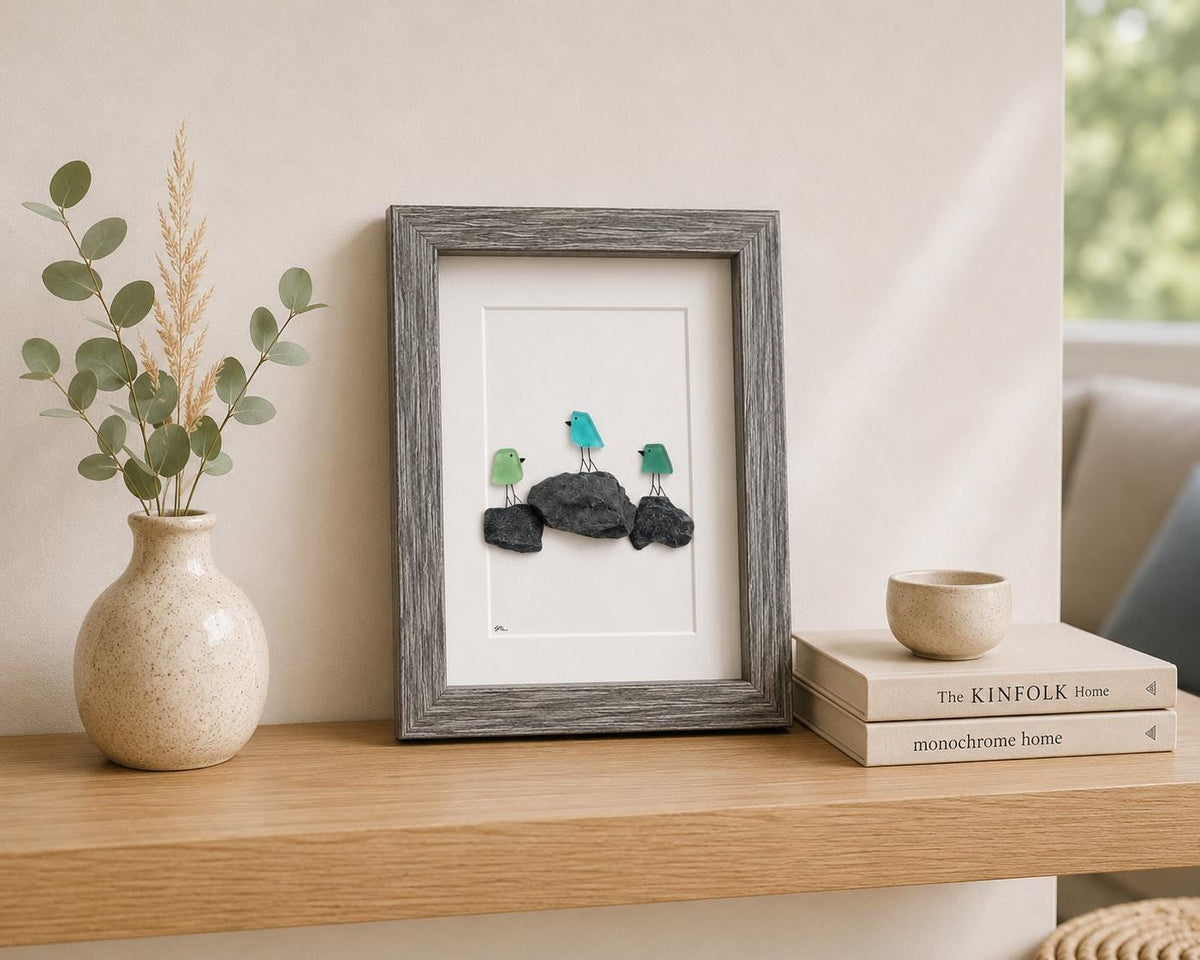3 Sea Glass Birds on Rock Piles, 6x8” Framed Original Handmade Pebble Beach Art, Minimalist Coastal Decor
