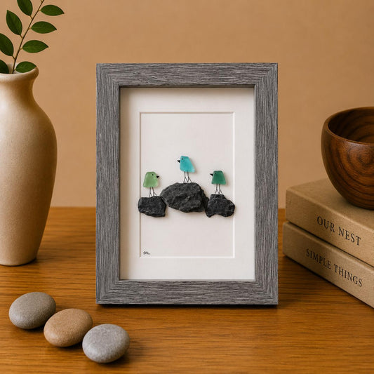 3 Sea Glass Birds on Rock Piles | Framed Handmade Beach Art Gift for Friend | Minimalist Coastal Decor | 5x7 Sea Glass and Pebble Art