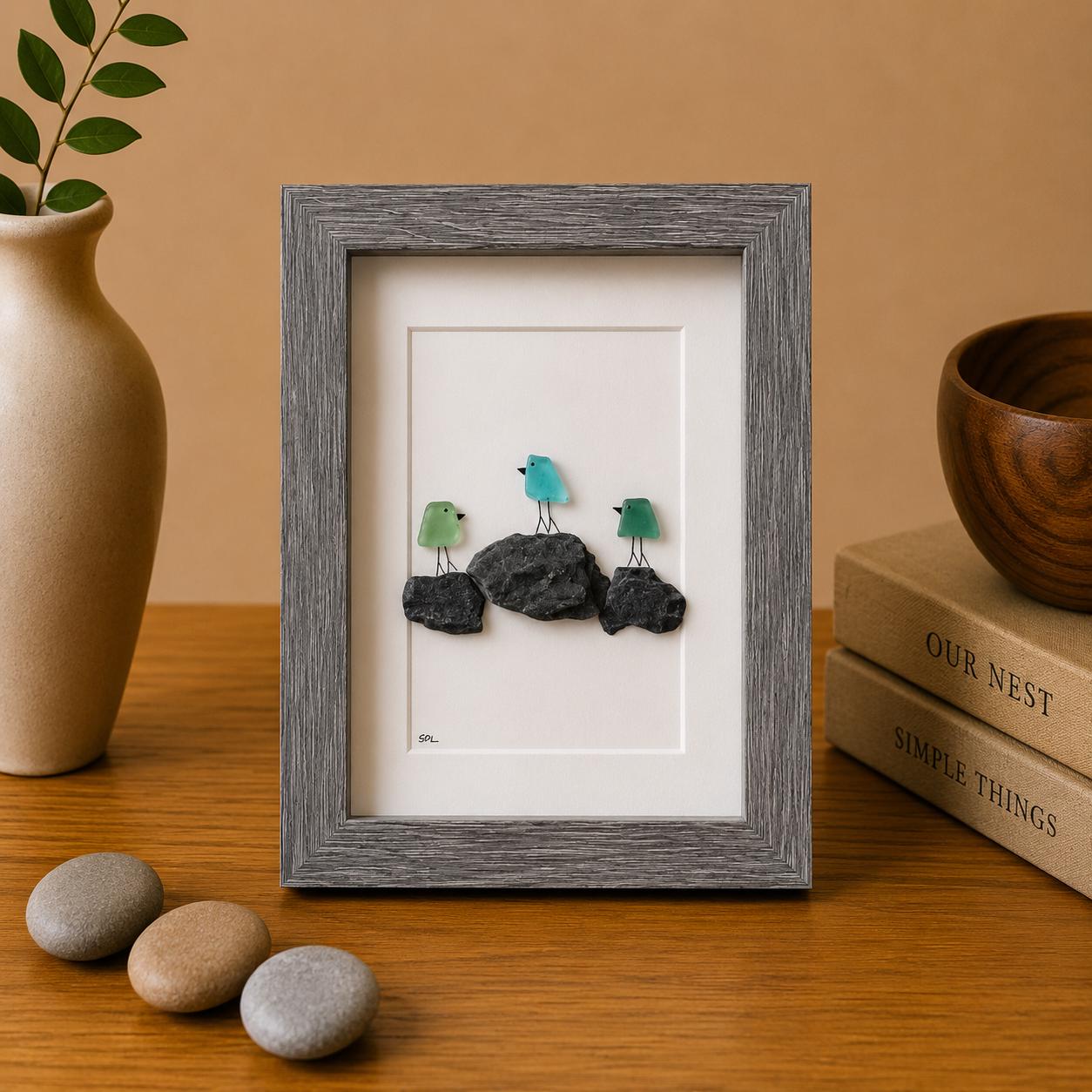 3 Sea Glass Birds on Rock Piles | Framed Handmade Beach Art Gift for Friend | Minimalist Coastal Decor | 5x7 Sea Glass and Pebble Art