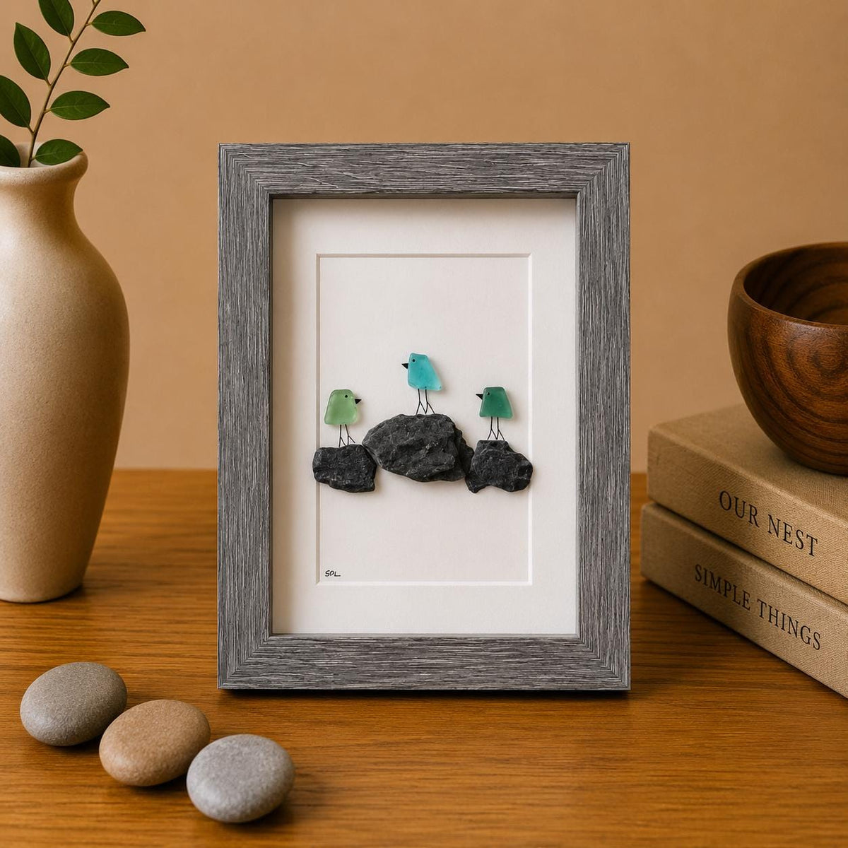 3 Sea Glass Birds on Rock Piles, 6x8” Framed Original Handmade Pebble Beach Art, Minimalist Coastal Decor