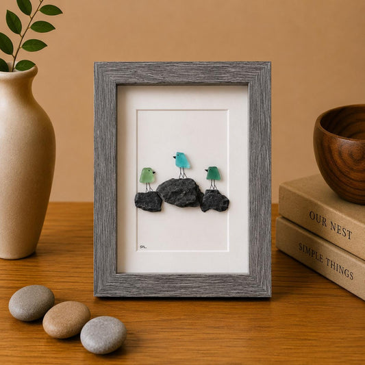 3 Sea Glass Birds on Rock Piles, 6x8” Framed Original Handmade Pebble Beach Art, Minimalist Coastal Decor