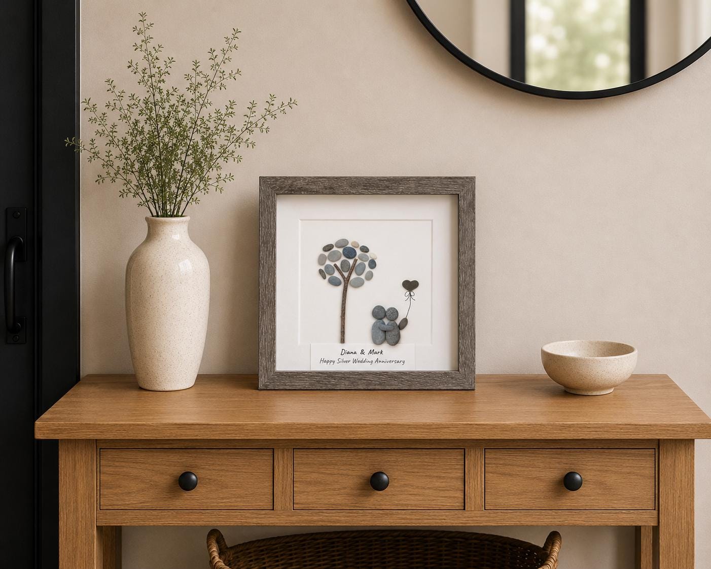 25th Anniversary Gift for Couple, Personalized Pebble Art, Silver Wedding Anniversary Keepsake